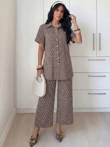 Modelyn Women's Spring/Summer Woven Short Sleeve Mandarin Collar Studded Top And Straight Leg Pants Casual Romantic 2-Piece Set - Multicolor - View 6