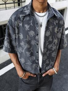 Manfinity EMRG Men's Summer Beach Vacation Loose Fit Plant Print Oversized Shirt - Grey - View 4