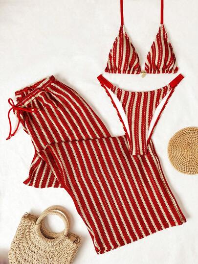 Swim Vcay 大码女装三件套：金色首饰、三角吊带衫、优雅长裤、休闲泳装