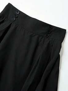 GlowEve CURVE Plus Size Women's Spring/Summer Solid Color Minimalist Fashion Regalyn-D Mid-Length A-Line Skirt With Elastic Waist, Side Pleated Button Design, Stylish Casual Everyday Wear - Black - View 6