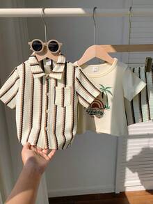 SHEIN 男婴夏季休闲度假三件套，包括条纹衬衫、条纹短裤和棕榈树印花T恤 - 彩色 - 查看 8