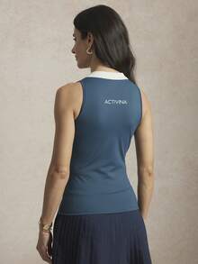 Activina Women's Contrast Color Collar Half Zip Front Fitted Sleeveless Sports Polo Shirt - Blue - View 3