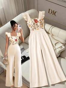 GlowEve Women's Floral Embroidery Square Collar Ruffle Hem Elegant Jumpsuit - Beige - View 1