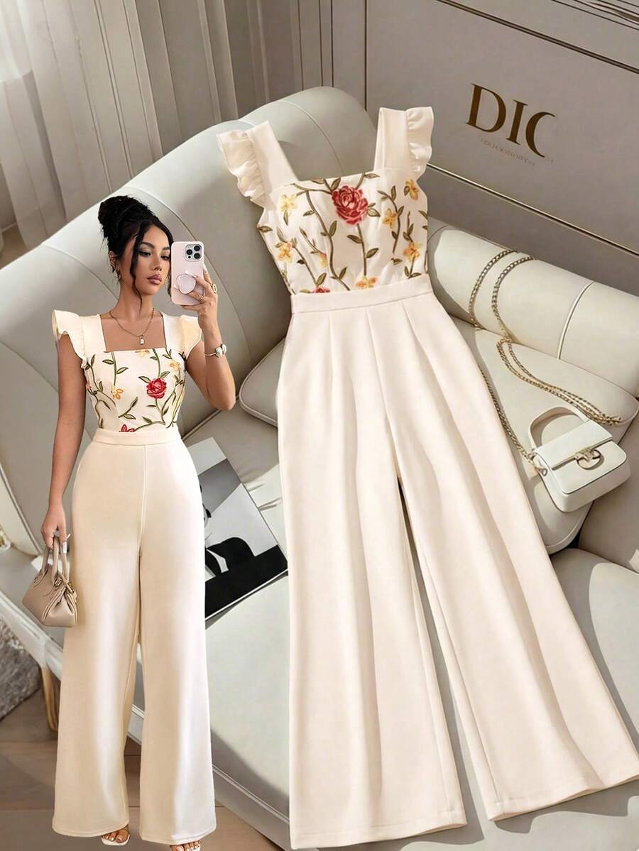 GlowEve Women's Floral Embroidery Square Collar Ruffle Hem Elegant Jumpsuit - Beige - View 1