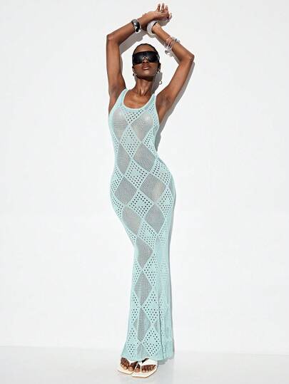 GENKIRA Sky Blue Plaid Geometric Pattern Crochet Sleeveless Knit Dress, Y2K Minimalist Sheer Sexy Casual Versatile Summer Resort Wear