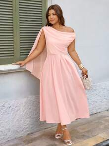 Vestido de mujer talla grande de verano de unicolor con hombro asimétrico y cinta en la cintura, adecuado para mercado de arte, concierto al aire libre, vestido de noche formal - Rosa - Ver 8