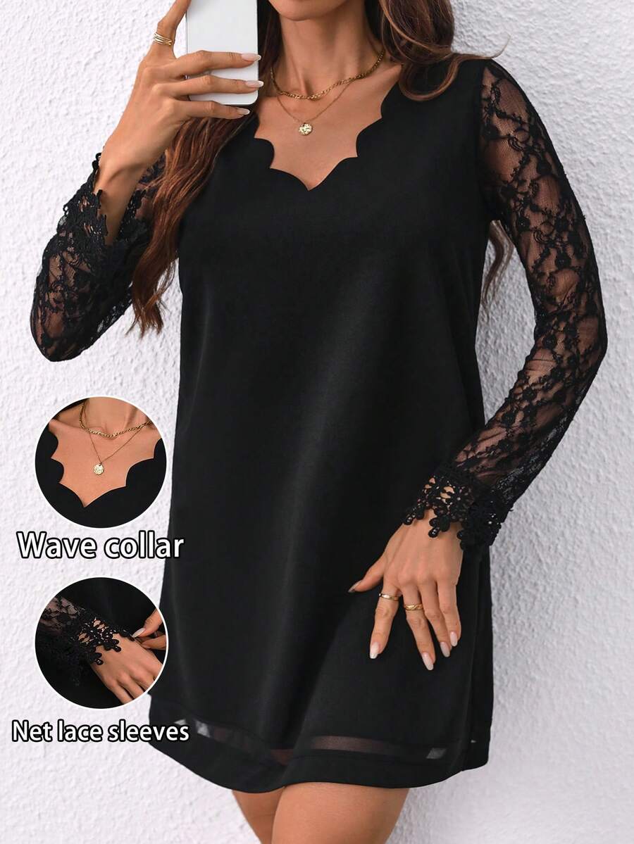 SHEIN PETITE CURVE Women Plus Size V-Neck Lace Patchwork Long Sleeve Solid Color Knee-Length Dress,Black Autumn Elegant Formal Dinner Evening Casual Wave Collar - Black - View 1