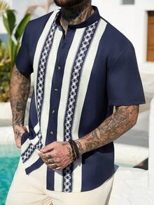 VENTUSAIL Men's Stand Collar Contrast Stripe Print Button Front Casual Short Sleeve Shirt, Summer - Multicolor - View 7
