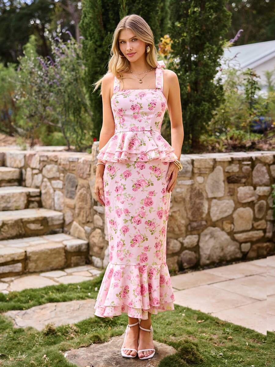 KARISMINA Damen Blumen-Muster Rüschen Trägerhemd und Mini-Rock Mode Outfit Set für Dates - Rot-Weiß - Übersicht 1