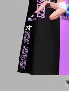 SHEIN Tween Girls' Black And Purple Summer Cute City Break Dress,K-POP Girl Group Letter & Star Print,Personalized Number 67 Fashionable Pattern Holiday - Multicolor - View 5