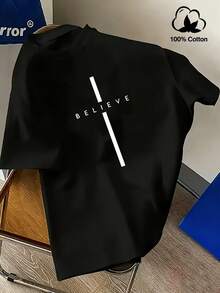 Manfinity Homme 100% Cotton Men's Letter Print Short Sleeve Loungewear Top Believe T-Shirt Graphic Tee Christian T-Shirt - Black - View 2