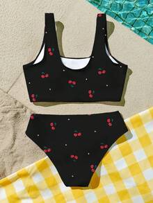 SHEIN Tween Girl Cherry Print Tankini Top And Triangle Bottoms Casual Beach Vacation Swimsuit Set - Multicolor - View 2
