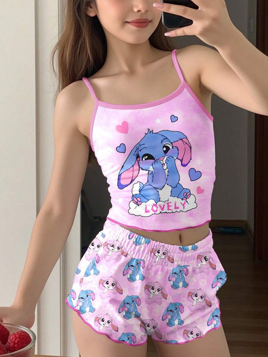 Tween Girl Light Pink Tie-Dye Blue Rabbit Pattern Camisole & Shorts Pajama Set,Summer Graphic Y2k Home Wear Sleep Kids Kawaii Pijamas,Slim-Fit Outfit - Multicolor - View 1