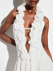 Aveloria GENKIRA Chiffon Fabric White Layered Ruffle Hem Dress, Sleeveless A-Line Silhouette, Romantic French Elegant Sophisticated Vacation Casual Sexy Versatile, Suitable For Party, Gathering, High-End Occasions, Women Short Dress - White - View 7