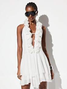 Aveloria GENKIRA Chiffon Fabric White Layered Ruffle Hem Dress, Sleeveless A-Line Silhouette, Romantic French Elegant Sophisticated Vacation Casual Sexy Versatile, Suitable For Party, Gathering, High-End Occasions, Women Short Dress - White - View 5