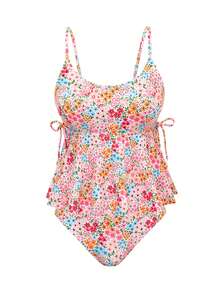 SHEIN Swim 大尺碼女款 2 件式碎花細肩帶比基尼套裝，優雅海灘度假風夏季泳裝 - 彩色 - 查看 8