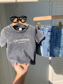 SHEIN 男婴夏季休闲雪花牛仔上衣和蓝色牛仔短裤两件套，夏季服装 - 彩色 - 查看 6