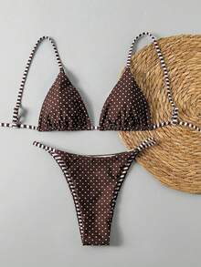 Swim Mod 2pcs/Set Women Striped & Polka Dot Reversible Casual Swimwear Set - Brown - View 5