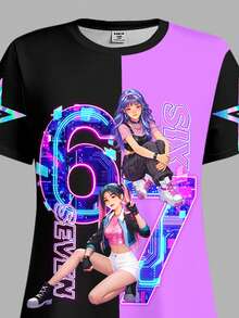 SHEIN Tween Girls' Black And Purple Summer Cute City Break Dress,K-POP Girl Group Letter & Star Print,Personalized Number 67 Fashionable Pattern Holiday - Multicolor - View 6