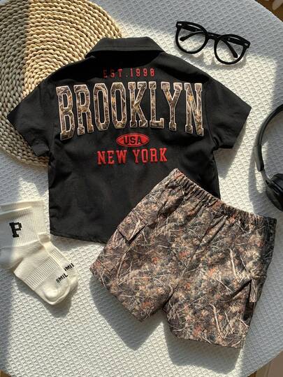 SHEIN 2pcs Baby Boy Summer Casual Black Short Sleeve Shirt With Leaf Camo Pattern Shorts Set, Camo Utility Shirt Outfit