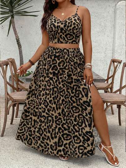 SHEIN VCAY Mother's Day Music Festival Casual Vacation Leopard Print Plus Size Camisole Top And Skirt Set, Stylish Summer Outfit, Women's Vacation Wear, Two Pieces Summer Clothing