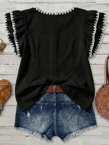 EMERY ROSE Áo kiểu nữ cỡ lớn dáng rộng, in họa tiết vỏ sò và hoa, cổ tròn, hai lớp tay bồng, thích hợp cho kỳ nghỉ hè thanh lịch. - Đen và trắng - Xem 2