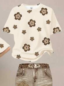 Vintage Floral Pattern Casual Loose Fit Short Sleeve Round Neck T-Shirt And Wide Leg Pants 2-Piece Set, Suitable For Spring & Summer - Multicolor - View 4