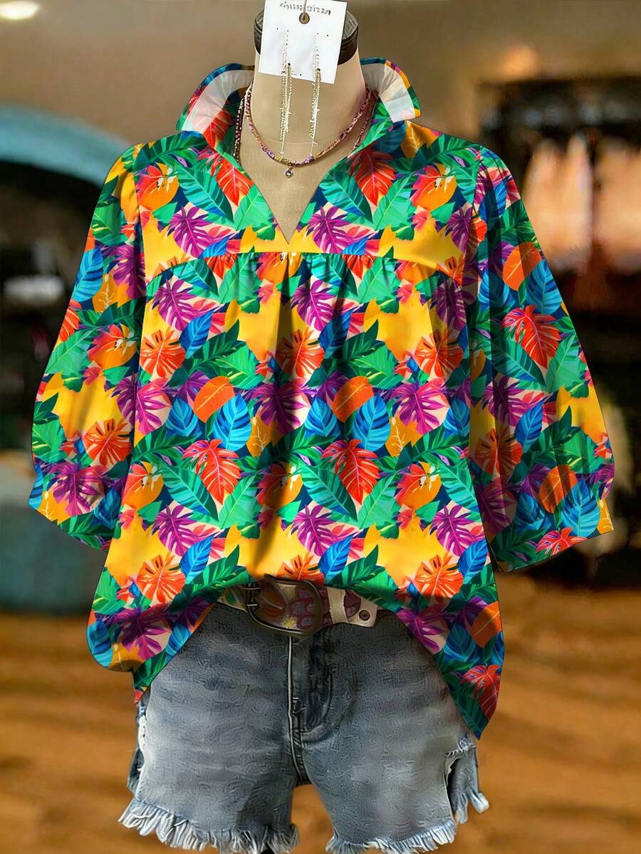 SHEIN LUNE CURVE 大尺碼女款熱帶植物印花泡泡袖休閒襯衫 - 彩色 - 查看 1