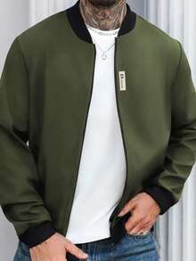 EGENSIO Men's Solid Color Patch Zipper Casual Long Sleeve Jacket - Olive Green - View 2