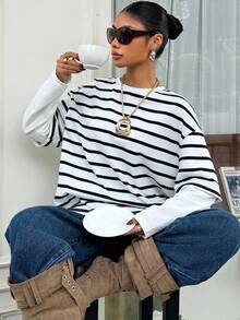 Muchica 大码女式条纹圆领休闲宽松长袖T恤 - 黑與白 - 查看 1