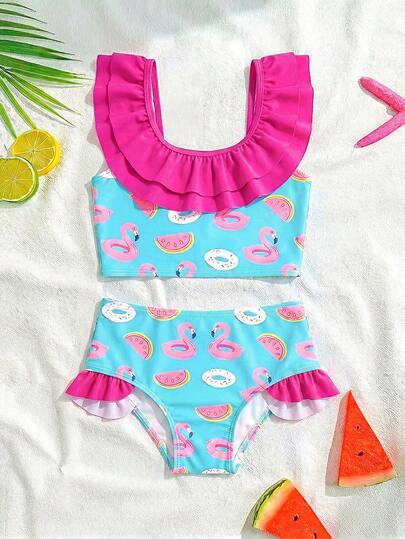 2pcs Baby Girls' Flamingo & Donut & Fruit Print Patchwork Collar Double Layer Solid Color Ruffle Hem Shorts Beach Swimsuit Set