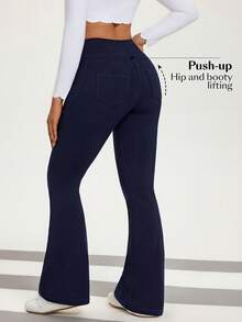Flexra Women's Casual Straight Stretch Denim Flare Pants - Navy Blue - View 2