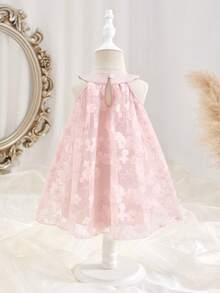 SHEIN Baby Girl Bow Decor Mesh Neck Tie Cute Dress - Pink - View 2