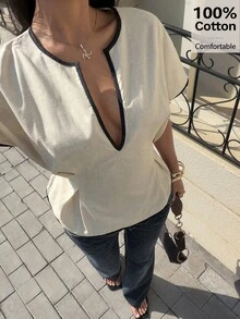 Siren Gaze 100% Cotton Contrast Trim Ruffle Waist Short Sleeve Shirt, Women's Elegant V Neck Blouse, Casual Shirt, Fashionable Pleated Elegant Slim Fit Women's Blouse, Summer Casual, Beach Outfits, Vacation - Apricot - View 4