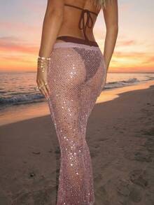 Sundraya 女士性感沙滩度假透视亮片修身迷你裙 - 粉色 - 查看 2