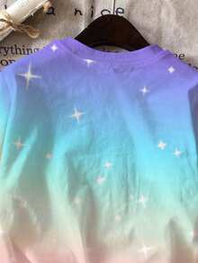 2件套少女休闲时尚彩色韩流女团字母星星印花圆领短袖T恤和短裤套装，适合夏季穿着 - 彩色 - 查看 6