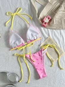 Swim Mod 甜美碎花系带女士比基尼泳装 - 粉色 - 查看 2