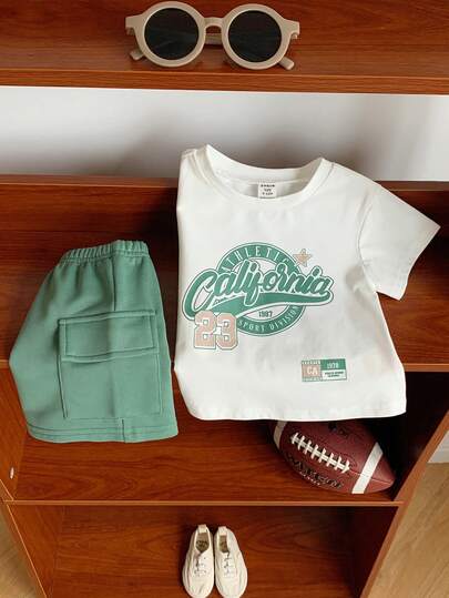 SHEIN Set de 2 piezas de camiseta de manga corta con estampado de letras y pantalones cortos casuales de verano para bebé niño