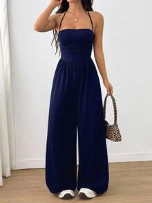 SHEIN Unity Women's Casual Pleated Loose Straight Leg Jumpsuit, Suitable For Spring, Summer, Autumn And Winter - Navy Blue - View 6