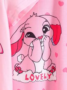 Conjunto de 3 piezas de camisones de manga corta hasta la rodilla para niñas pequeñas, con estampado de conejitos y corazones por todo el diseño, en combinación de color rosa, cuello redondo de punto, suelto y suave, ropa de dormir casual de verano - Rosa - Ver 6