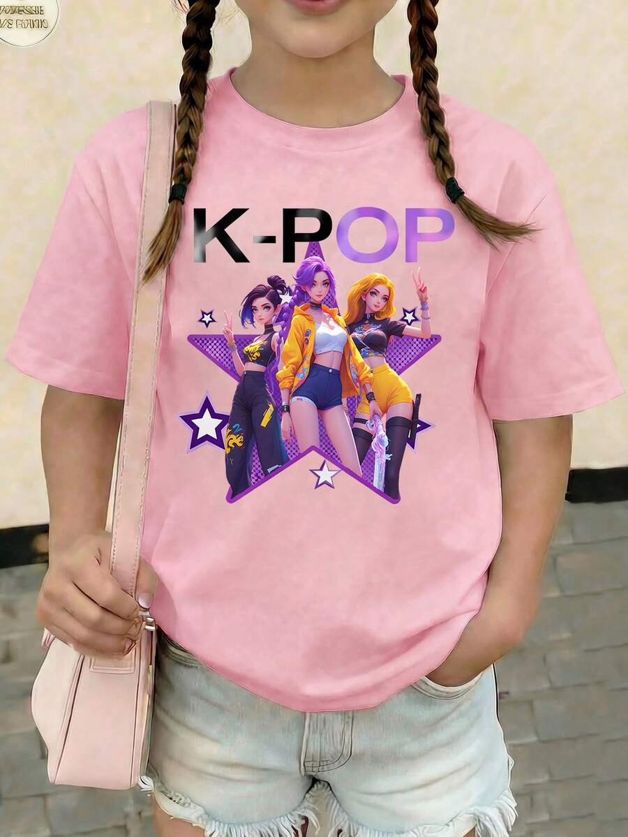 少女休闲卡通印花圆领短袖T恤，夏季 - 粉色 - 查看 1