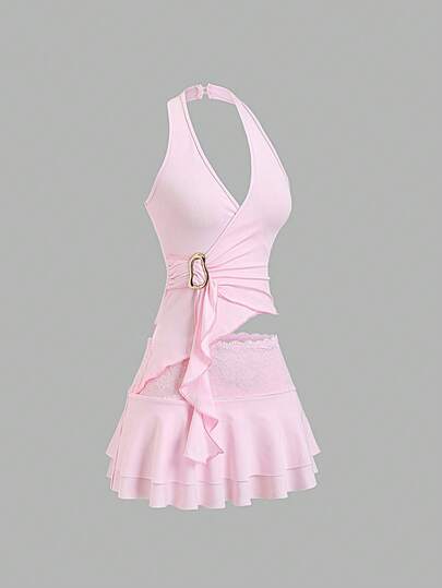 Sweetra New Fashionable Sexy Casual Resort Beach Lace Patchwork Metal Buckle Tie V-Neck Top And Double-Layer Ruffle Hem Mini Skirt 2-Piece Set, Pink