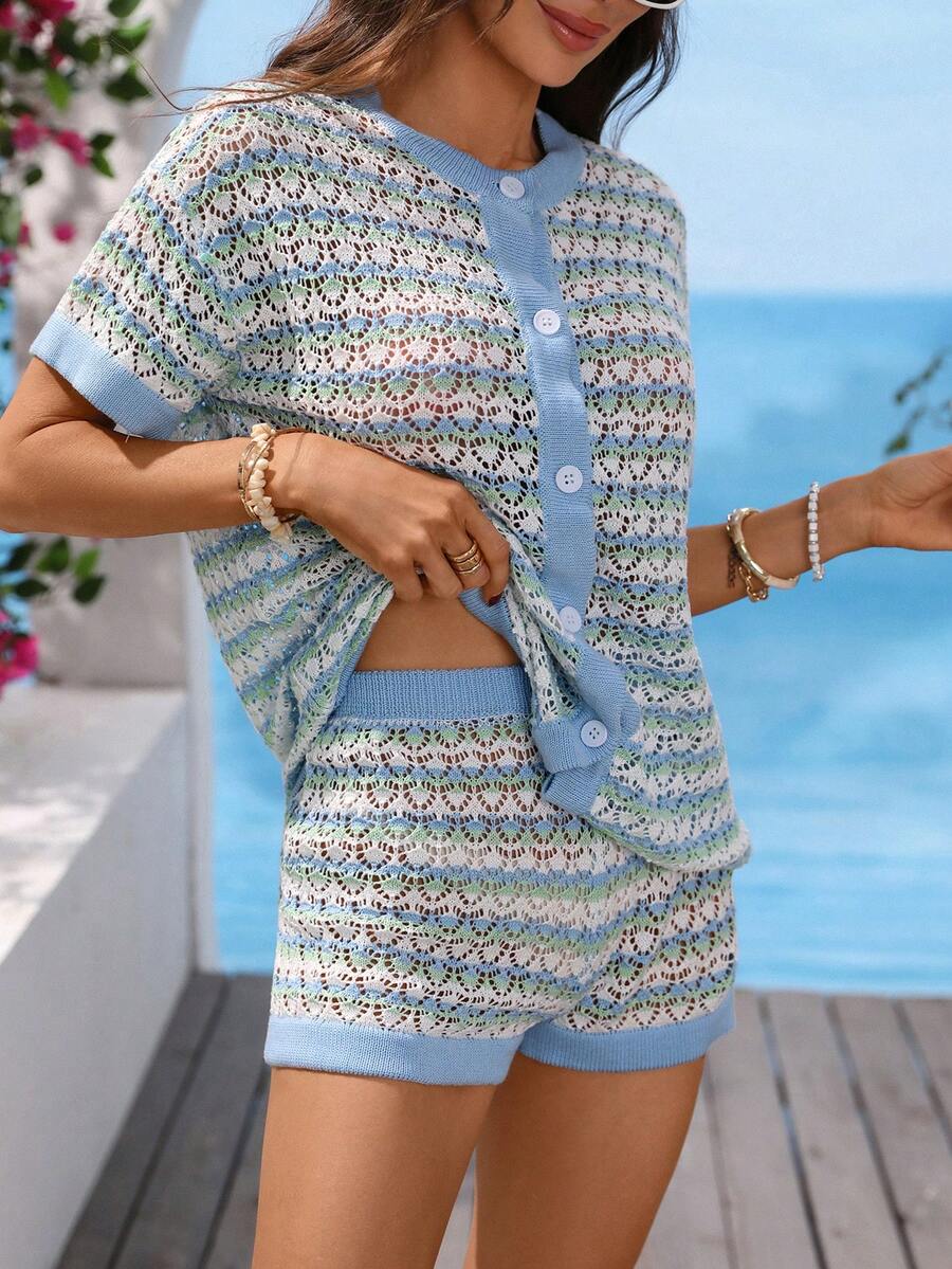 Vivid Eden Bộ đồ thể thao đi nghỉ mát, kẻ sọc, khoét lỗ gồm áo và quần short. - Xanh và trắng - Xem 1