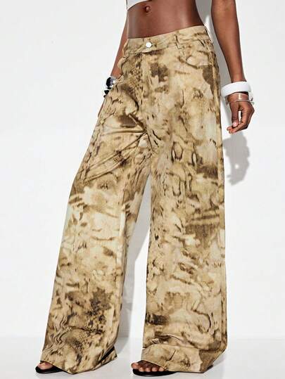 GENKIRA Quần ống rộng cạp cao nhuộm tie-dye họa tiết da rắn trừu tượng, phong cách đường phố retro, in họa tiết cổ điển, phong cách punk Y2K đa năng.