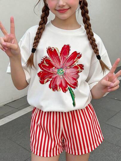 Tween Girls' Casual Watercolor Floral Print Vintage Style Loose Fit Round Neck Short Sleeve T-Shirt And Striped Loose Shorts 2 Piece Set, Cozy Spring And Summer Styles