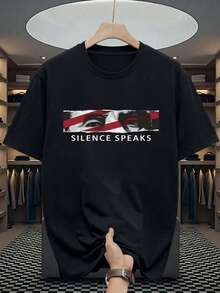 Manfinity LEGND Men's Letter Print Round Neck Short Sleeve Loungewear Top Black T-Shirt Black Graphic Tee Men - Black - View 3