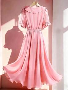 GlowEve Elegant Ruffled Collar Short Sleeve Waist Cinched Flowy Midi Chiffon Dress For Women, Summer - Pink - View 2