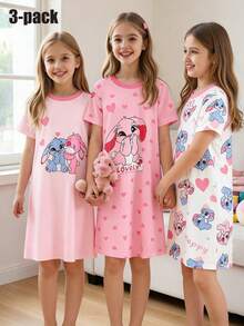 Conjunto de 3 piezas de camisones de manga corta hasta la rodilla para niñas pequeñas, con estampado de conejitos y corazones por todo el diseño, en combinación de color rosa, cuello redondo de punto, suelto y suave, ropa de dormir casual de verano - Rosa - Ver 8