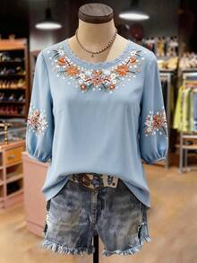 SHEIN LUNE Plus Size Women Floral Embroidery Pattern Round Neck Casual Versatile Daily Wear Shirt - Baby Blue - View 3