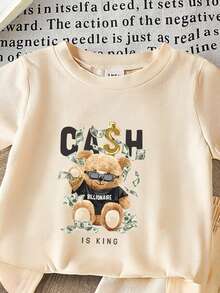 Playful Pals 一套男童休闲时尚简约小熊CASH印花圆领短袖T恤和配套短裤套装，针织外套套装，春夏款 - 彩色 - 查看 3